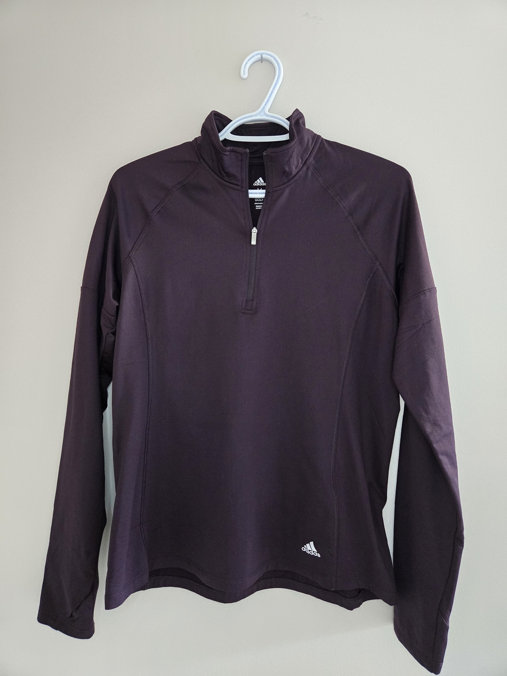 Adidas womens long sleeve golf sweater, quarter-zip, deep plum, medium